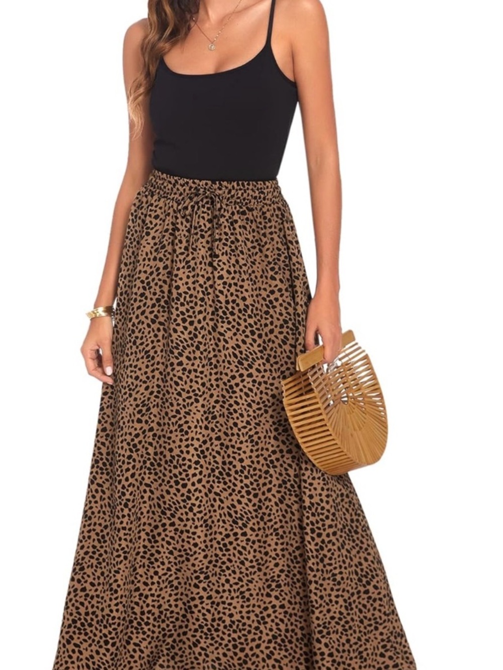 Leopard Print Brown Maxi Skirt with Drawstring Waist